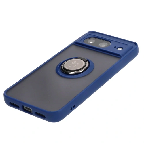 Etui z uchwytem na palec Bizon Case Hybrid Ring do Google Pixel 8 przydymione z granatową ramką