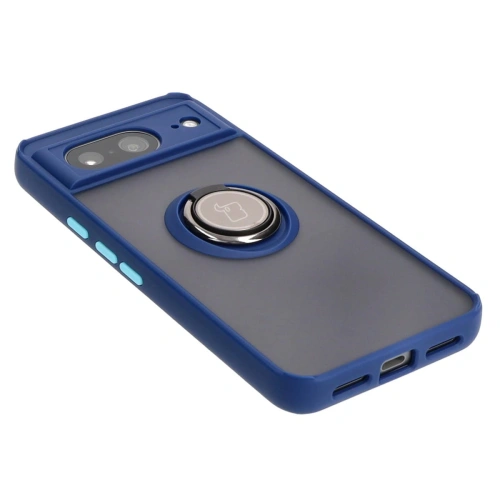 Etui z uchwytem na palec Bizon Case Hybrid Ring do Google Pixel 8 przydymione z granatową ramką