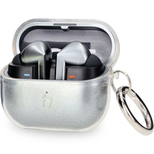 Elastyczne etui z karabińczykiem Bizon Case Headphone Clear do Samsung Galaxy Buds 3/3 Pro przeźroczysto-brokatowe