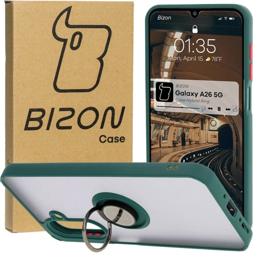 Etui z uchwytem na palec Bizon Case Hybrid Ring do Samsung Galaxy A26 5G przydymione z ciemnozieloną ramką