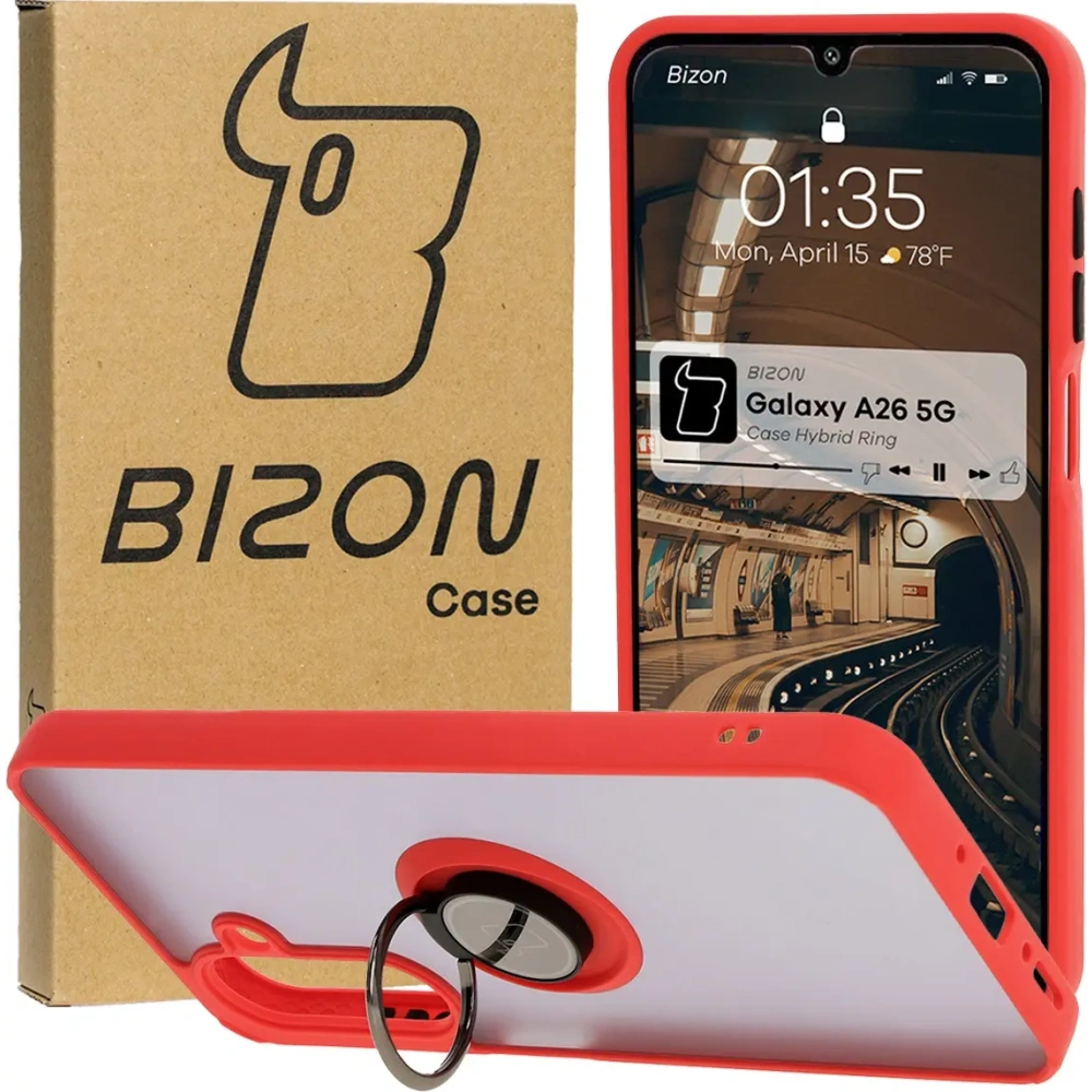 Hurtownia GSM - Etui s úchytem na palec Bizon Case Hybrid Ring do Samsung Galaxy A26 5G kouřové s červeným rámem - BIZ8082 - {ean13} - Hurt