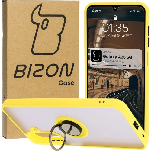 Etui z uchwytem na palec Bizon Case Hybrid Ring do Samsung Galaxy A26 5G przydymione z żółtą ramką