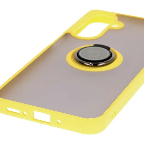 Etui z uchwytem na palec Bizon Case Hybrid Ring do Samsung Galaxy A26 5G przydymione z żółtą ramką