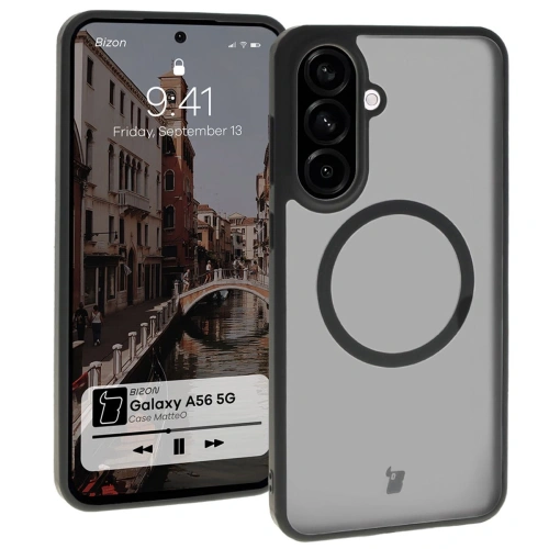 Etui z pierścieniem magnetycznym Bizon Case MatteO do Samsung Galaxy A56 5G półprzezroczyste z czarną ramką