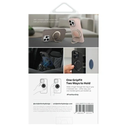 Magnetyczny uchwyt na palec z funkcją podstawki UNIQ Gripfit 360 Magnetic Mount&Kickstand czarny/midnight black