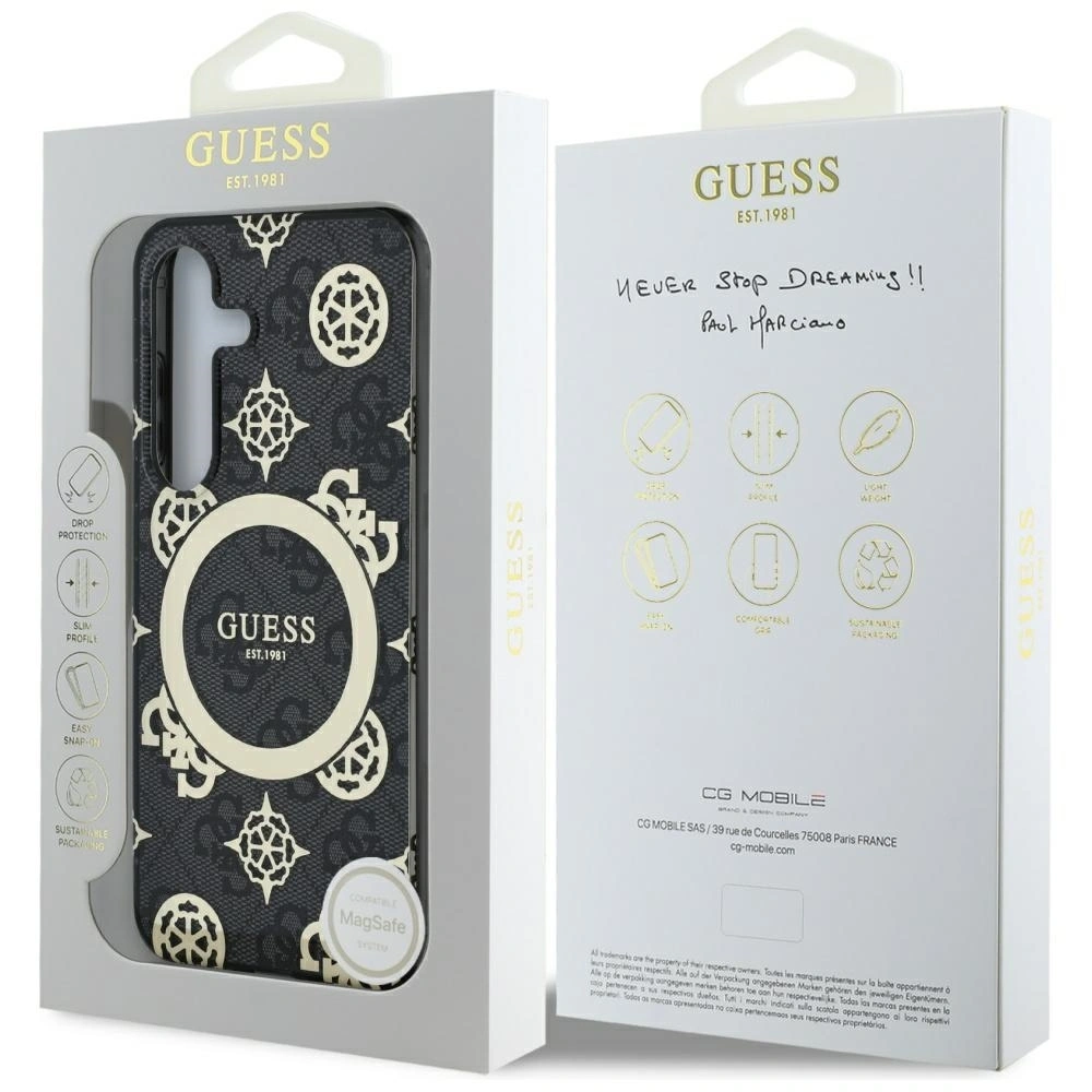 Wholesale Guess 4G Background Gold Electroplated Peony Pattern MagSafe Samsung Galaxy S25 black - GUE4240 - {ean13} - Hurt