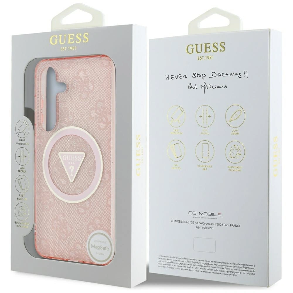 Hurtownia GSM - Etui Guess 4G Glitter Triangle Buttons MagSafe pro Samsung Galaxy S25 růžové - GUE4243 - {ean13} - Hurt
