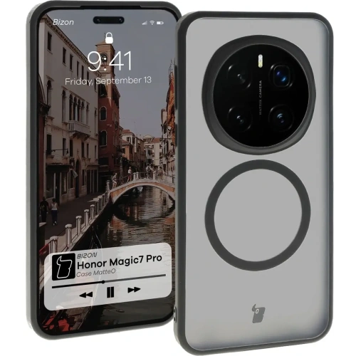 Etui z pierścieniem magnetycznym Bizon Case MatteO do Honor Magic7 Pro półprzezroczyste z czarną ramką