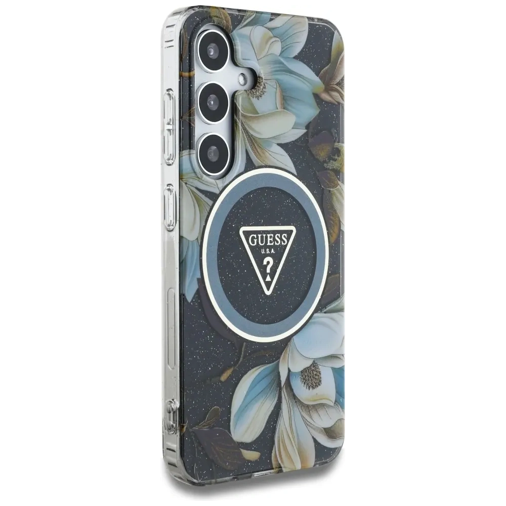 Hurtownia GSM - Guess Flori Strălucitoare Butoane Triunghiulare MagSafe Samsung Galaxy S25 negru - GUE4260 - {ean13} - Hurt