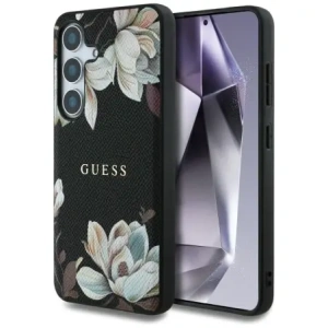Etui Guess s potiskem květinového vzoru MagSafe pro Samsung Galaxy S25 černé