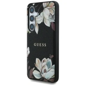 Etui Guess s potiskem květinového vzoru MagSafe pro Samsung Galaxy S25 černé
