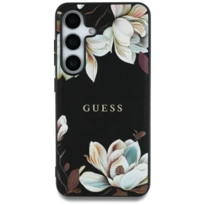 Etui Guess s potiskem květinového vzoru MagSafe pro Samsung Galaxy S25 černé