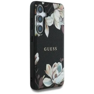 Etui Guess s potiskem květinového vzoru MagSafe pro Samsung Galaxy S25 černé