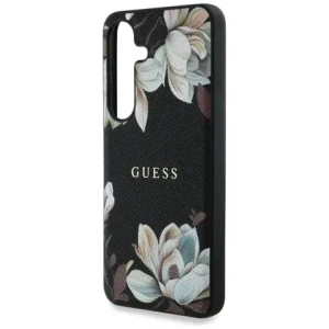 Etui Guess s potiskem květinového vzoru MagSafe pro Samsung Galaxy S25 černé