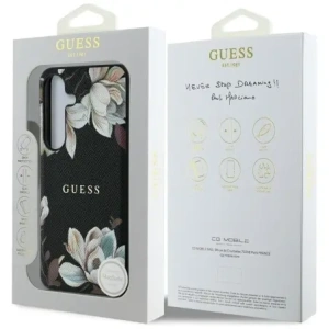 Etui Guess s potiskem květinového vzoru MagSafe pro Samsung Galaxy S25 černé