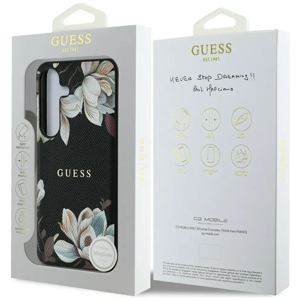 Wholesale Guess Grained Printed Flower Pattern MagSafe do Samsung Galaxy S25 black - GUE4270 - {ean13} - Hurt