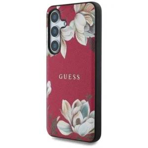 Etui Guess s potištěným květinovým vzorem MagSafe pro Samsung Galaxy S25 fuchsie