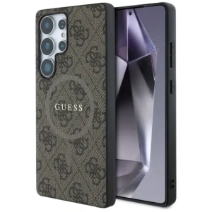 Guess Leder 4G farbiger Ring Klassisches Logo MagSafe für Samsung Galaxy S25 Ultra braun