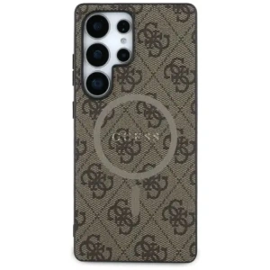 Guess Leder 4G farbiger Ring Klassisches Logo MagSafe für Samsung Galaxy S25 Ultra braun