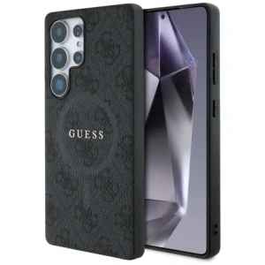Guess Leder 4G farbiger Ring klassisches Logo MagSafe für Samsung Galaxy S25 Ultra schwarz