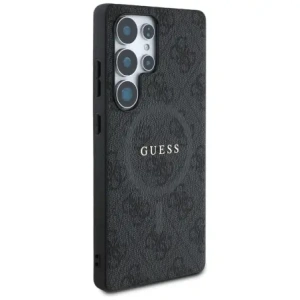 Guess Leder 4G farbiger Ring klassisches Logo MagSafe für Samsung Galaxy S25 Ultra schwarz