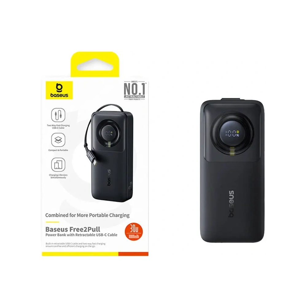 Hurtownia GSM - Baseus OS Free2Pull 10000mAh 30W powerbank + cablu USB-C încorporat (negru) - BSU8918 - {ean13} - Hurt