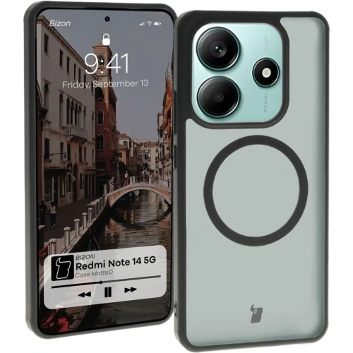 Etui z pierścieniem magnetycznym Bizon Case MatteO do Xiaomi Redmi Note 14 5G półprzezroczyste z czarną ramką
