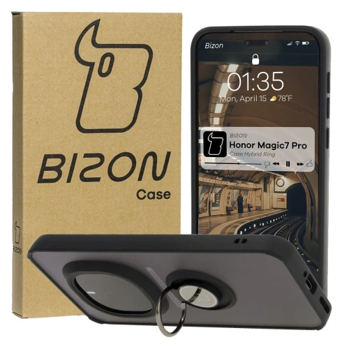 Etui z uchwytem na palec Bizon Case Hybrid Ring do Honor Magic7 Pro przydymione z czarną ramką