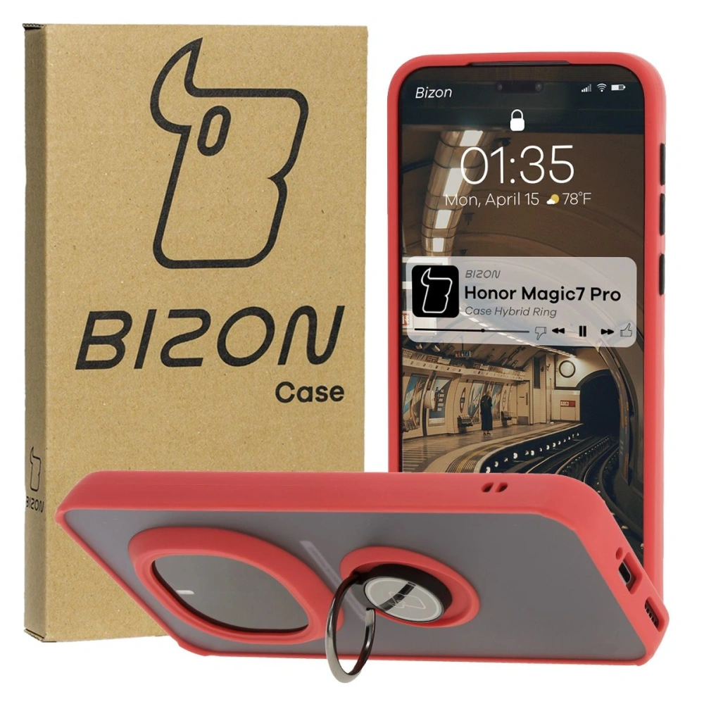 Hurtownia GSM - Etui z uchwytem na palec Bizon Case Hybrid Ring do Honor Magic7 Pro przydymione z czerwoną ramką - BIZ8271 - {ean13} - Hurt