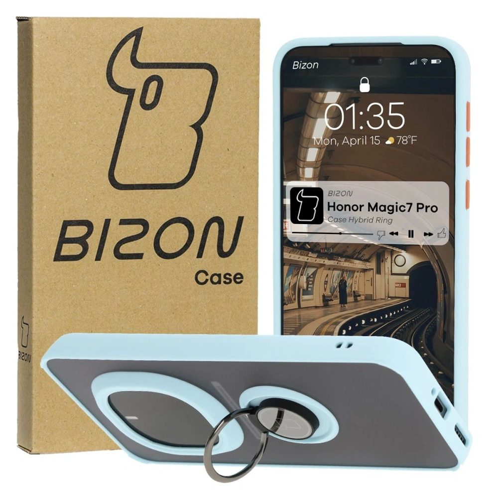 Hurtownia GSM - Etui z uchwytem na palec Bizon Case Hybrid Ring do Honor Magic7 Pro przydymione z jasnoniebieską ramką - BIZ8273 - {ean13} - Hurt