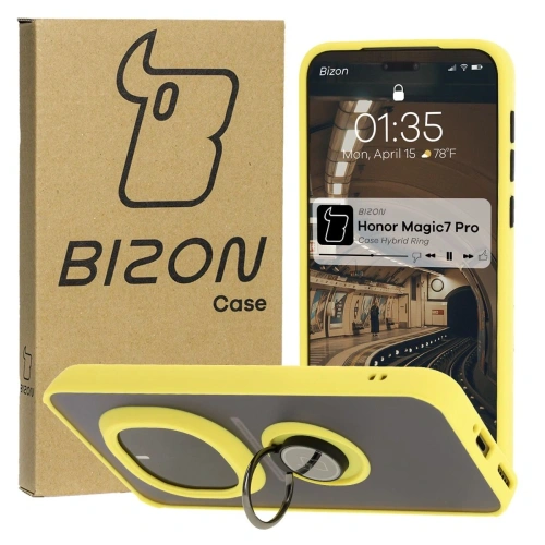Etui z uchwytem na palec Bizon Case Hybrid Ring do Honor Magic7 Pro przydymione z żółtą ramką