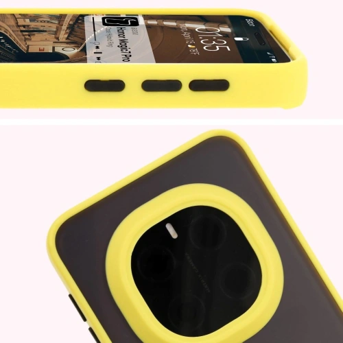 Etui z uchwytem na palec Bizon Case Hybrid Ring do Honor Magic7 Pro przydymione z żółtą ramką