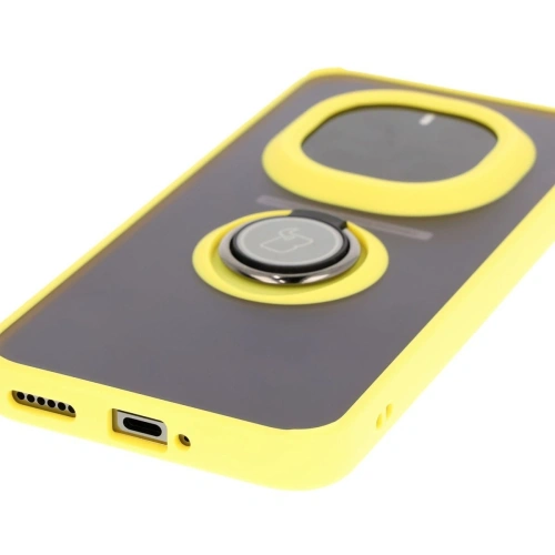 Etui z uchwytem na palec Bizon Case Hybrid Ring do Honor Magic7 Pro przydymione z żółtą ramką