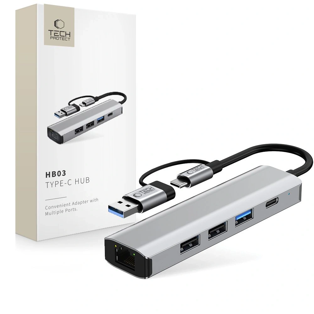 Hurtownia GSM - Tech-Protect HB03 HUB Adapter 5in1 USB-C + USB-A 2.0 + USB-A 3.0 + Ethernet RJ45 Raumgrau - THP3864 - {ean13} - Hurt