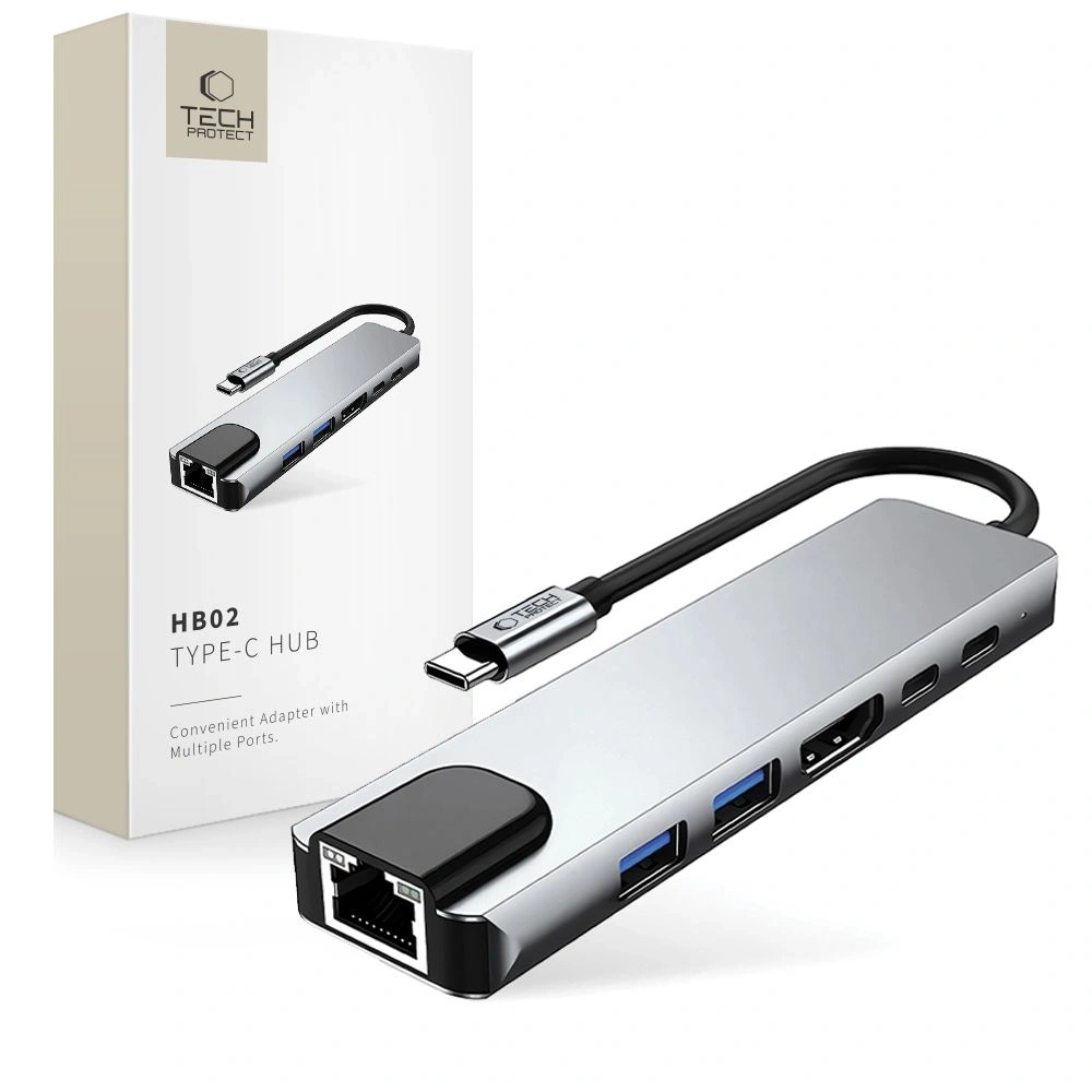 Hurtownia GSM - Tech-Protect HB02 HUB Adapter 6in1 USB-C + USB-A 2.0 + USB-A 3.0 + HDMI 4K30Hz + Ethernet RJ45 + PD 100W Space Grey - THP3865 - {ean13} - Hurt