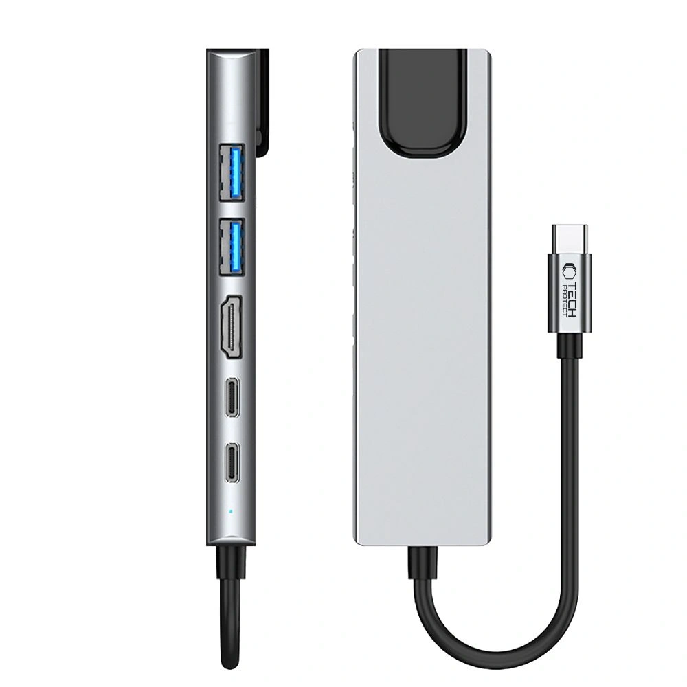 Hurtownia GSM - Tech-Protect HB02 HUB Adapter 6in1 USB-C + USB-A 2.0 + USB-A 3.0 + HDMI 4K30Hz + Ethernet RJ45 + PD 100W Space Grey - THP3865 - {ean13} - Hurt
