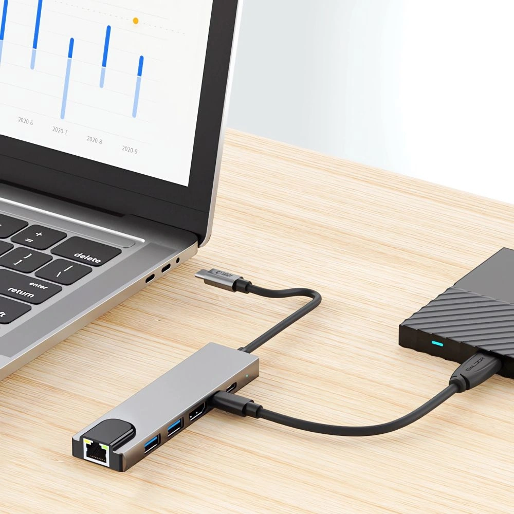 Hurtownia GSM - Tech-Protect HB02 HUB Adapter 6in1 USB-C + USB-A 2.0 + USB-A 3.0 + HDMI 4K30Hz + Ethernet RJ45 + PD 100W Space Grey - THP3865 - {ean13} - Hurt