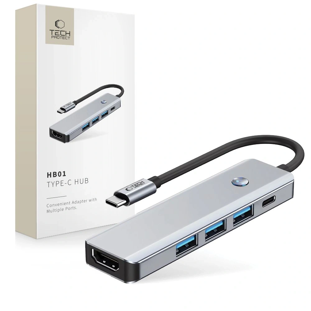 Hurtownia GSM - Adaptér Tech-Protect HB01 HUB 5in1 USB-C + USB-A 3.0 + HDMI 4K60Hz + PD 100W Space Grey - THP3866 - {ean13} - Hurt