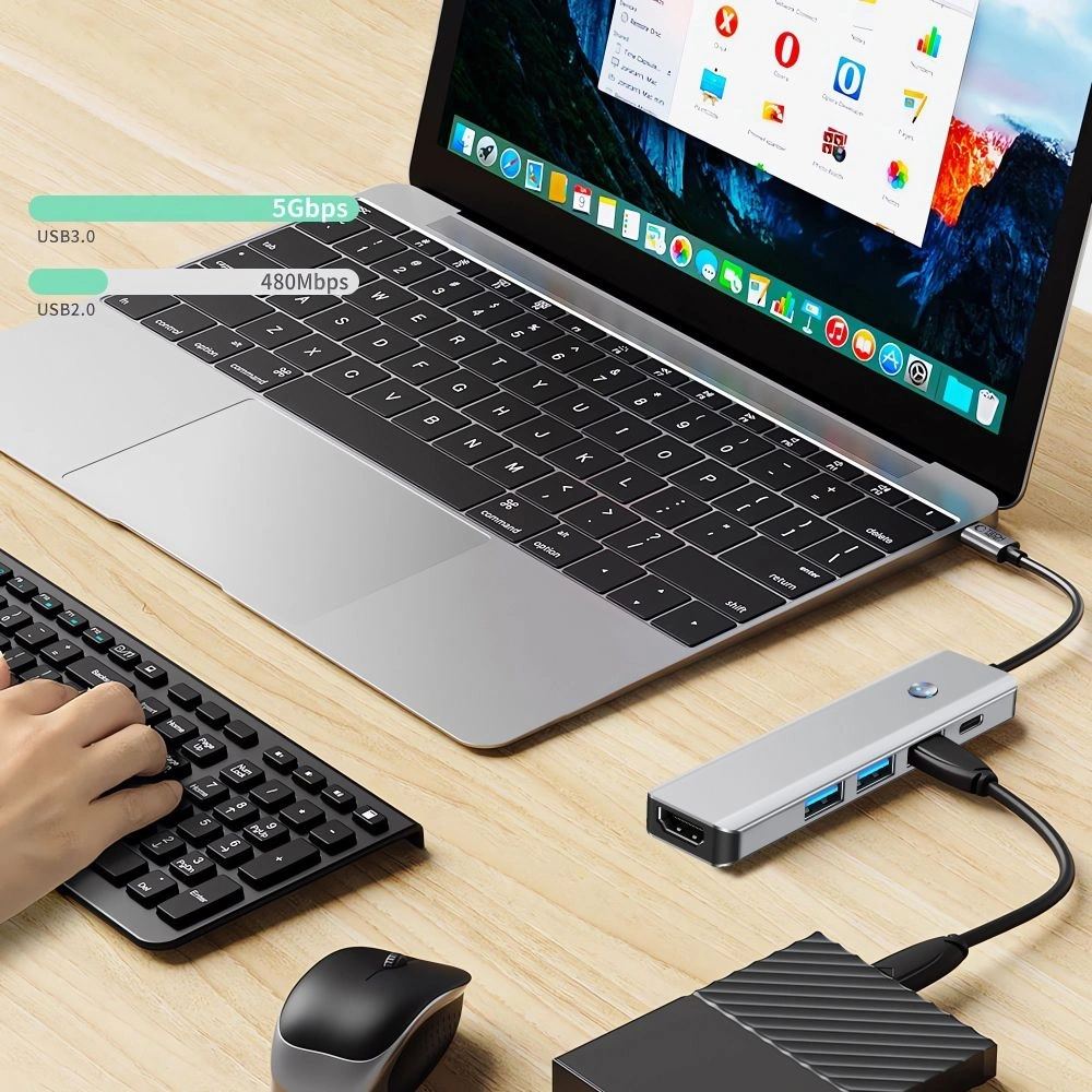 Hurtownia GSM - Adaptér Tech-Protect HB01 HUB 5in1 USB-C + USB-A 3.0 + HDMI 4K60Hz + PD 100W Space Grey - THP3866 - {ean13} - Hurt