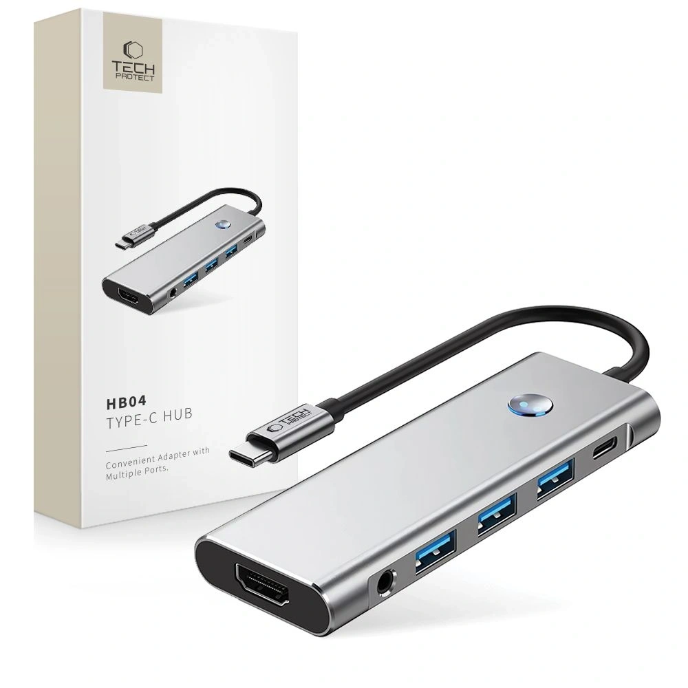 Hurtownia GSM - Tech-Protect HB04 HUB Adapter 9in1 USB-C + USB-A 2.0 + USB-A 3.0 + HDMI 4K60Hz + SD/TF + PD 100W + Jack 3.5mm Gri Spațial - THP3867 - {ean13} - Hurt