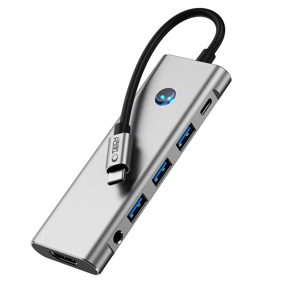 Hurtownia GSM - Tech-Protect HB04 HUB Adapter 9in1 USB-C + USB-A 2.0 + USB-A 3.0 + HDMI 4K60Hz + SD/TF + PD 100W + Jack 3.5mm Gri Spațial - THP3867 - {ean13} - Hurt