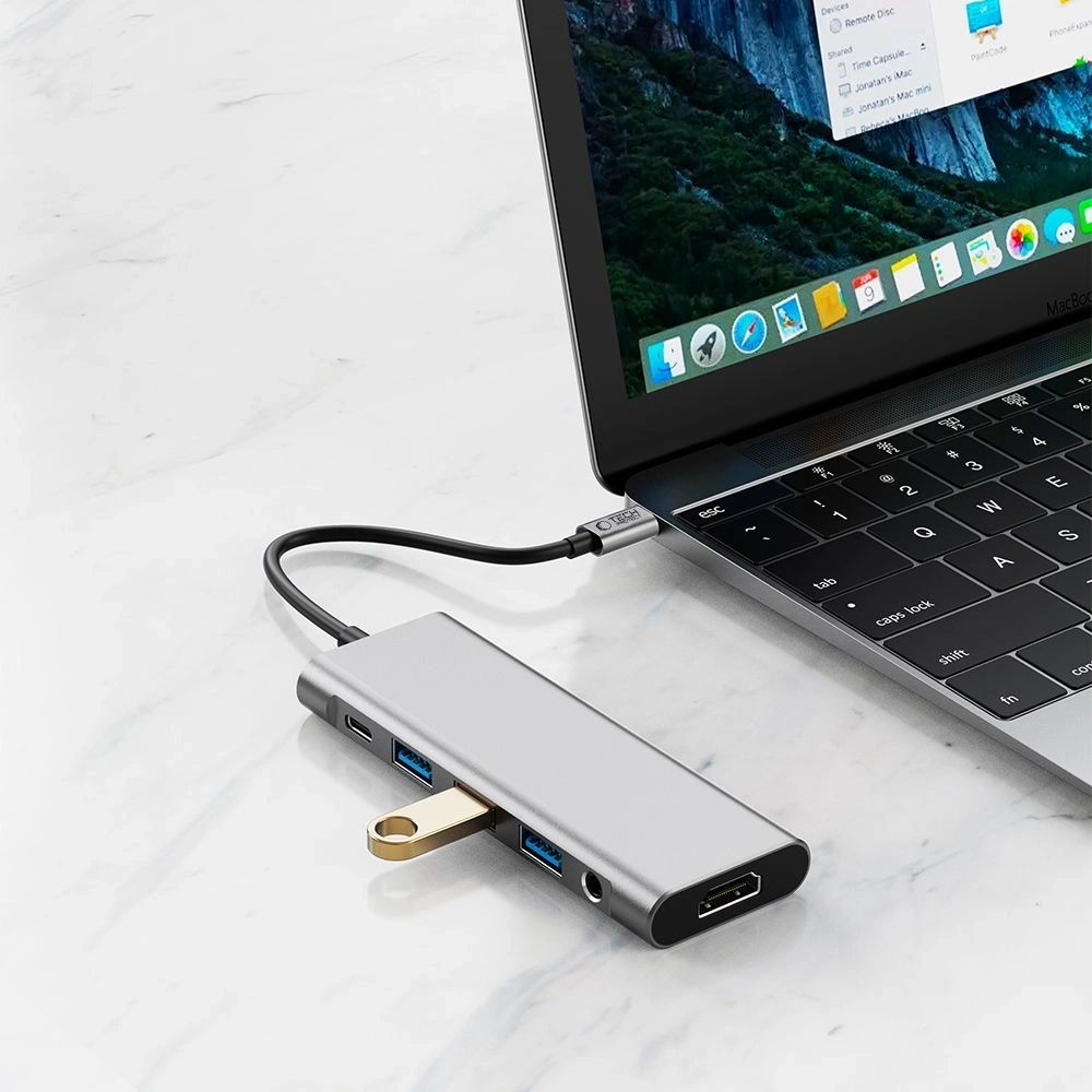 Hurtownia GSM - Tech-Protect HB04 HUB Adapter 9in1 USB-C + USB-A 2.0 + USB-A 3.0 + HDMI 4K60Hz + SD/TF + PD 100W + Jack 3.5mm Gri Spațial - THP3867 - {ean13} - Hurt