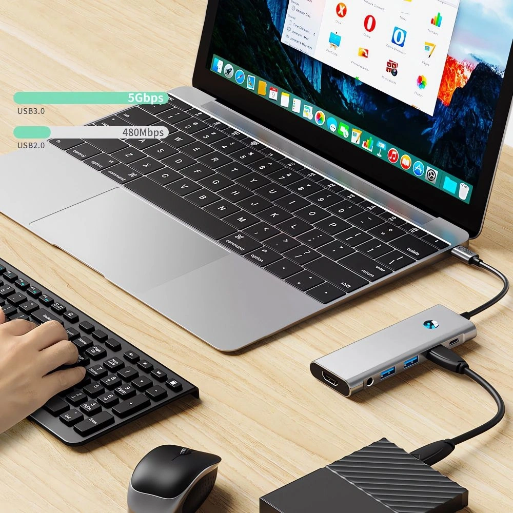 Hurtownia GSM - Tech-Protect HB04 HUB Adapter 9in1 USB-C + USB-A 2.0 + USB-A 3.0 + HDMI 4K60Hz + SD/TF + PD 100W + Jack 3.5mm Gri Spațial - THP3867 - {ean13} - Hurt