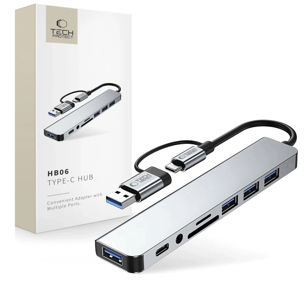 Hurtownia GSM - Adaptér Tech-Protect HB06 HUB 9in1 USB-C + USB-A 2.0 + USB-A 3.0 + SD/TF + Jack 3.5mm Space Grey - THP3868 - {ean13} - Hurt