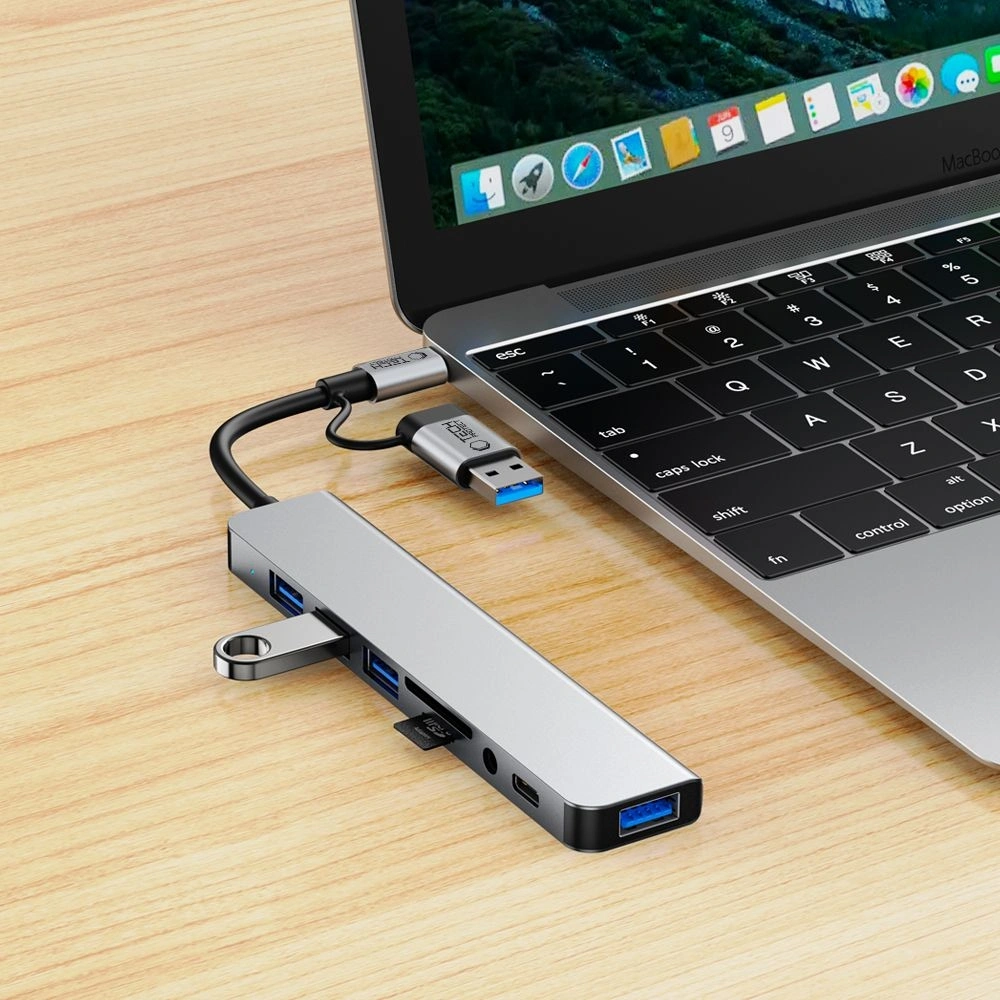 Hurtownia GSM - Tech-Protect Adaptor HUB HB06 9in1 USB-C + USB-A 2.0 + USB-A 3.0 + SD/TF + Jack 3.5mm Gri Spațial - THP3868 - {ean13} - Hurt