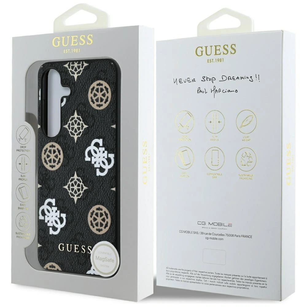 Hurtownia GSM - Etui Guess 4G tištěný barevný vzor pivoňky MagSafe pro Samsung Galaxy S25 černý - GUE4287 - {ean13} - Hurt