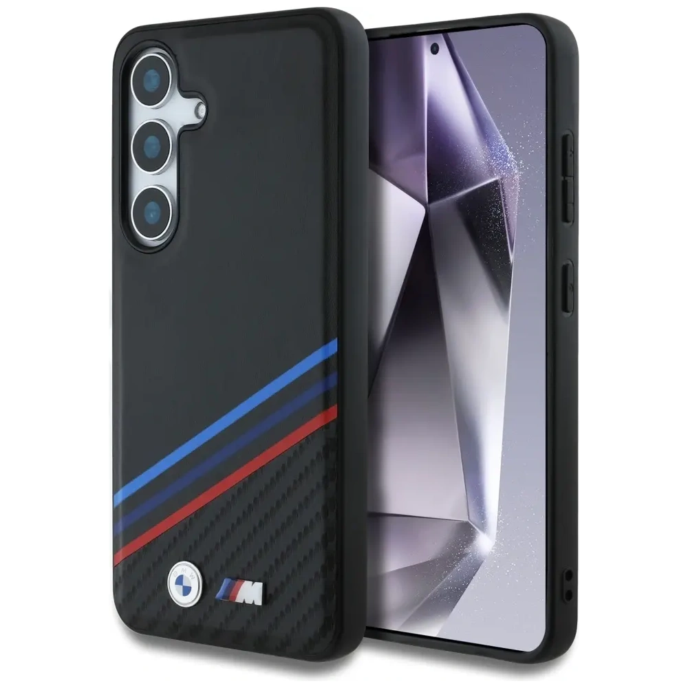 Hurtownia GSM - Etui BMW Kožené Trikolorové Křížové Pruhy MagSafe pro Samsung Galaxy S25 černé - BMW805 - {ean13} - Hurt