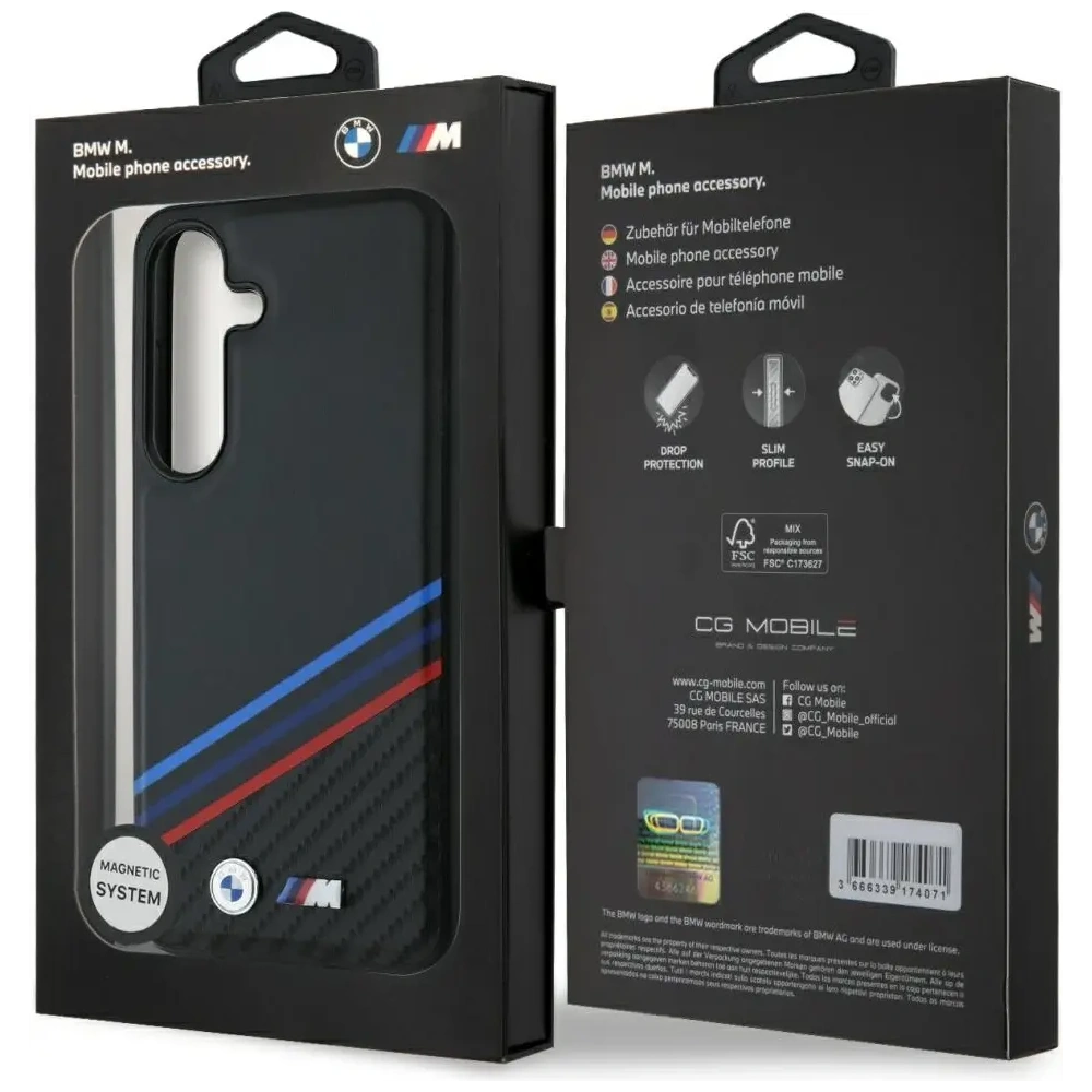 Hurtownia GSM - Etui BMW Kožené Trikolorové Křížové Pruhy MagSafe pro Samsung Galaxy S25 černé - BMW805 - {ean13} - Hurt