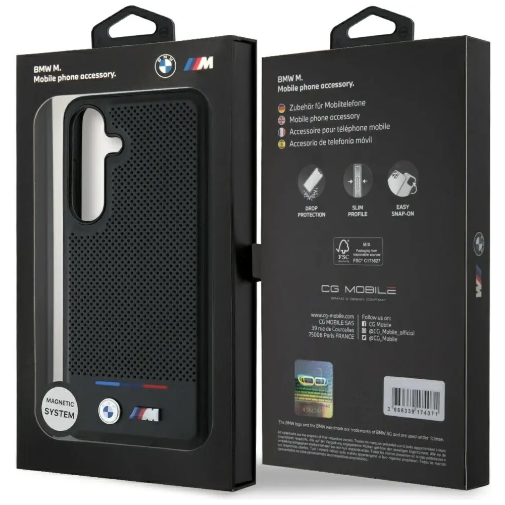 Hurtownia GSM - Etui BMW Kožené Tricolor Stripe MagSafe pro Samsung Galaxy S25 černé - BMW807 - {ean13} - Hurt