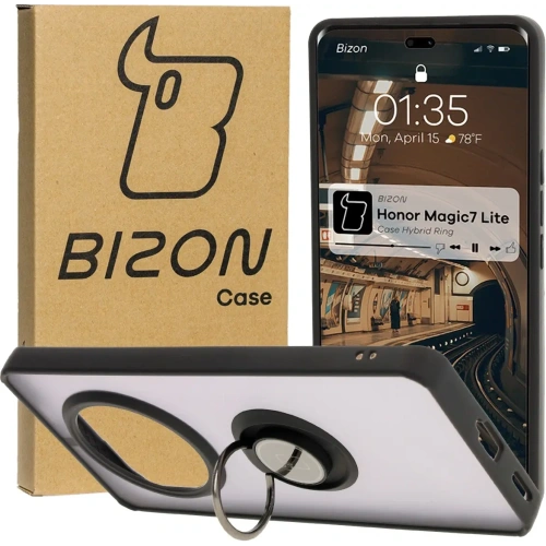 Etui z uchwytem na palec Bizon Case Hybrid Ring do Honor Magic7 Lite przydymione z czarną ramką